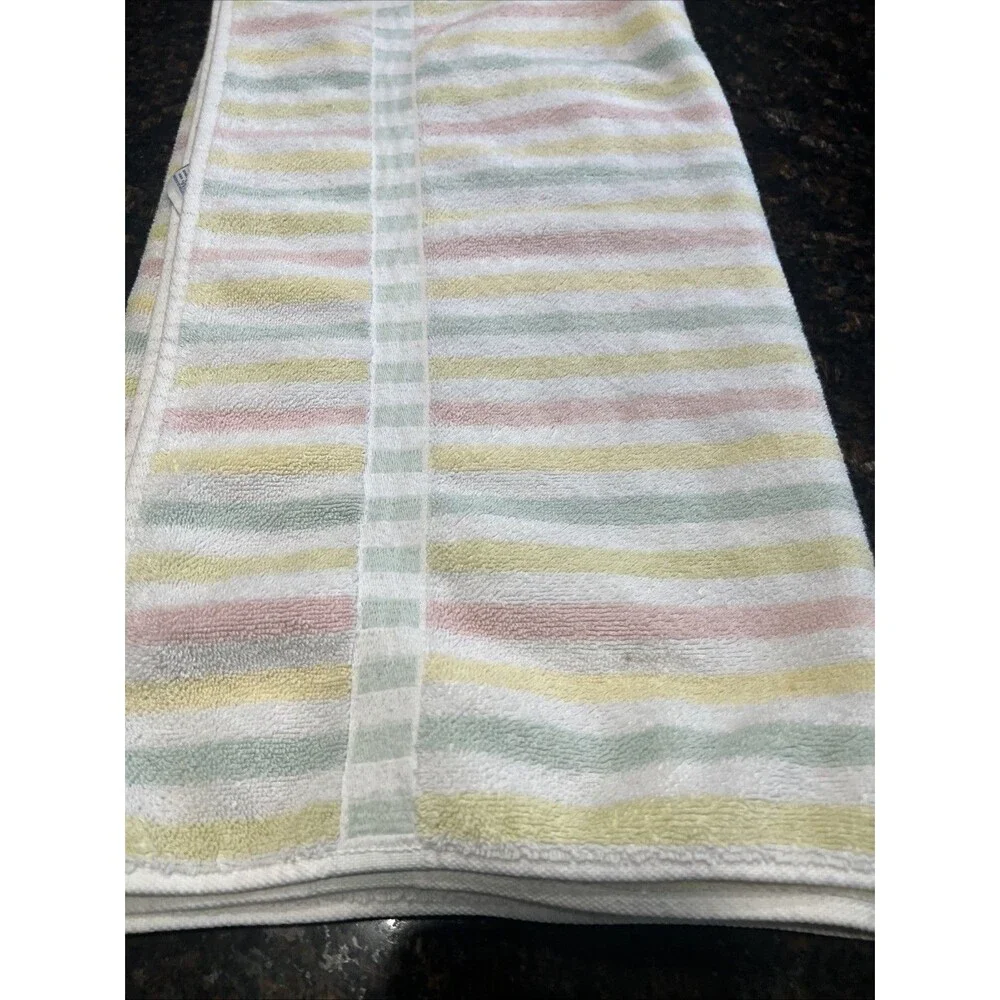 Pastel Stripe Towels Vintage White Pink Green USA Cotton Set of 3 | 46x24 3/4